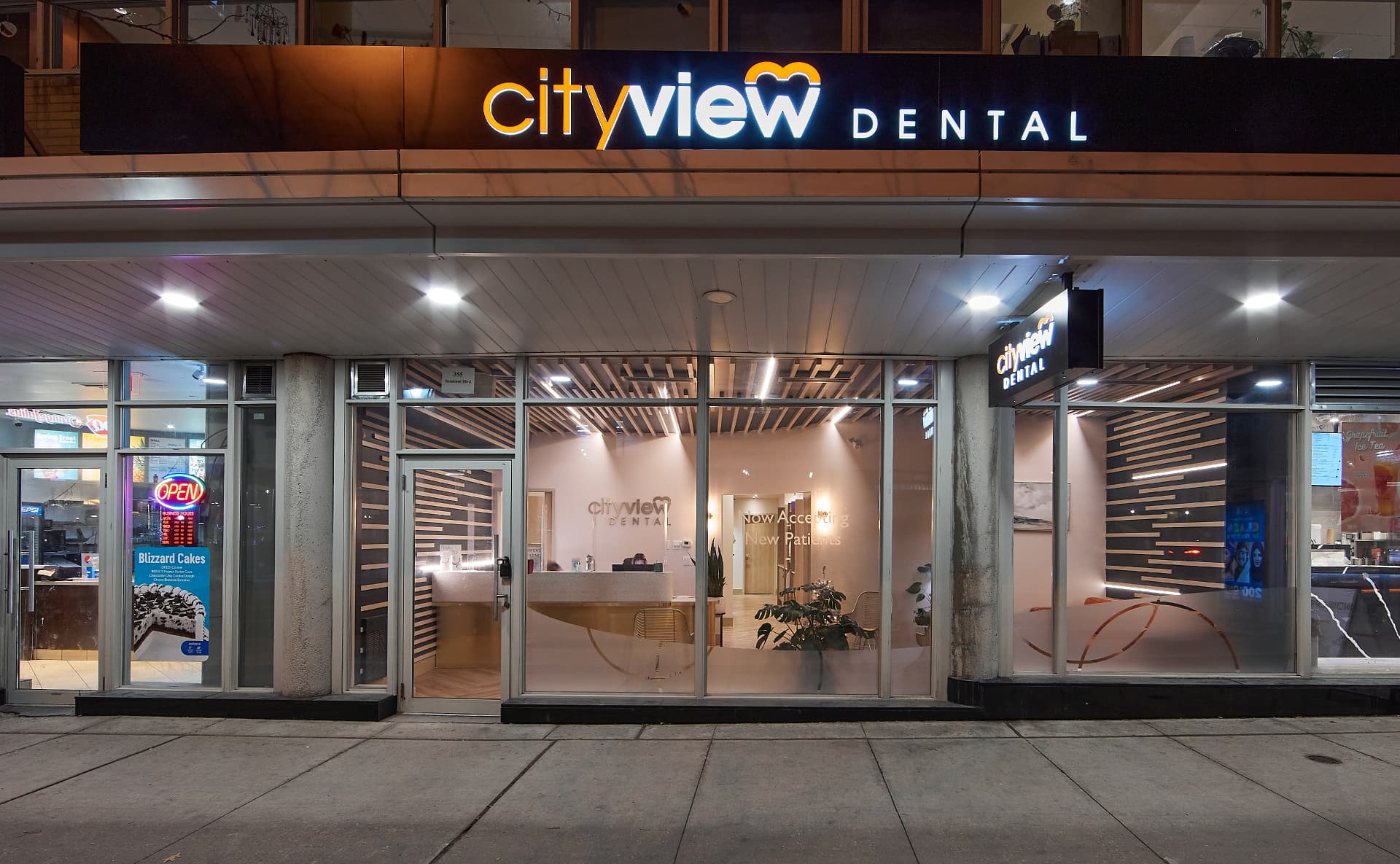 Cityview Dental clinic exterior at night